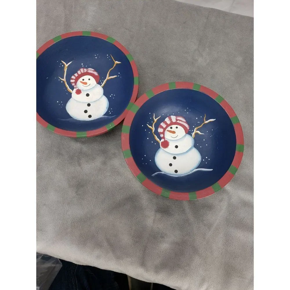 Set of 2 Country Primitive Snowman Bowls Wooden Farmhouse Christmas Bowls‎